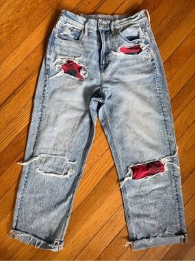 American Eagle Outfitters Light Wash Boyfriend Jeans w/ Buffalo Check Patches